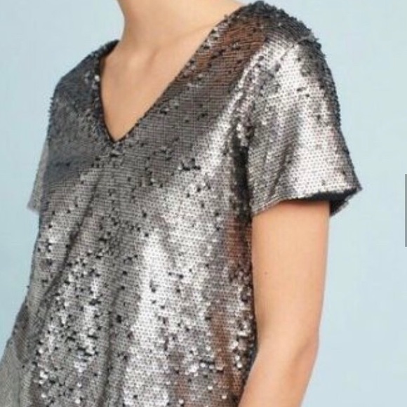 Anthropologie Sequined V Neck Tee - Picture 1 of 5